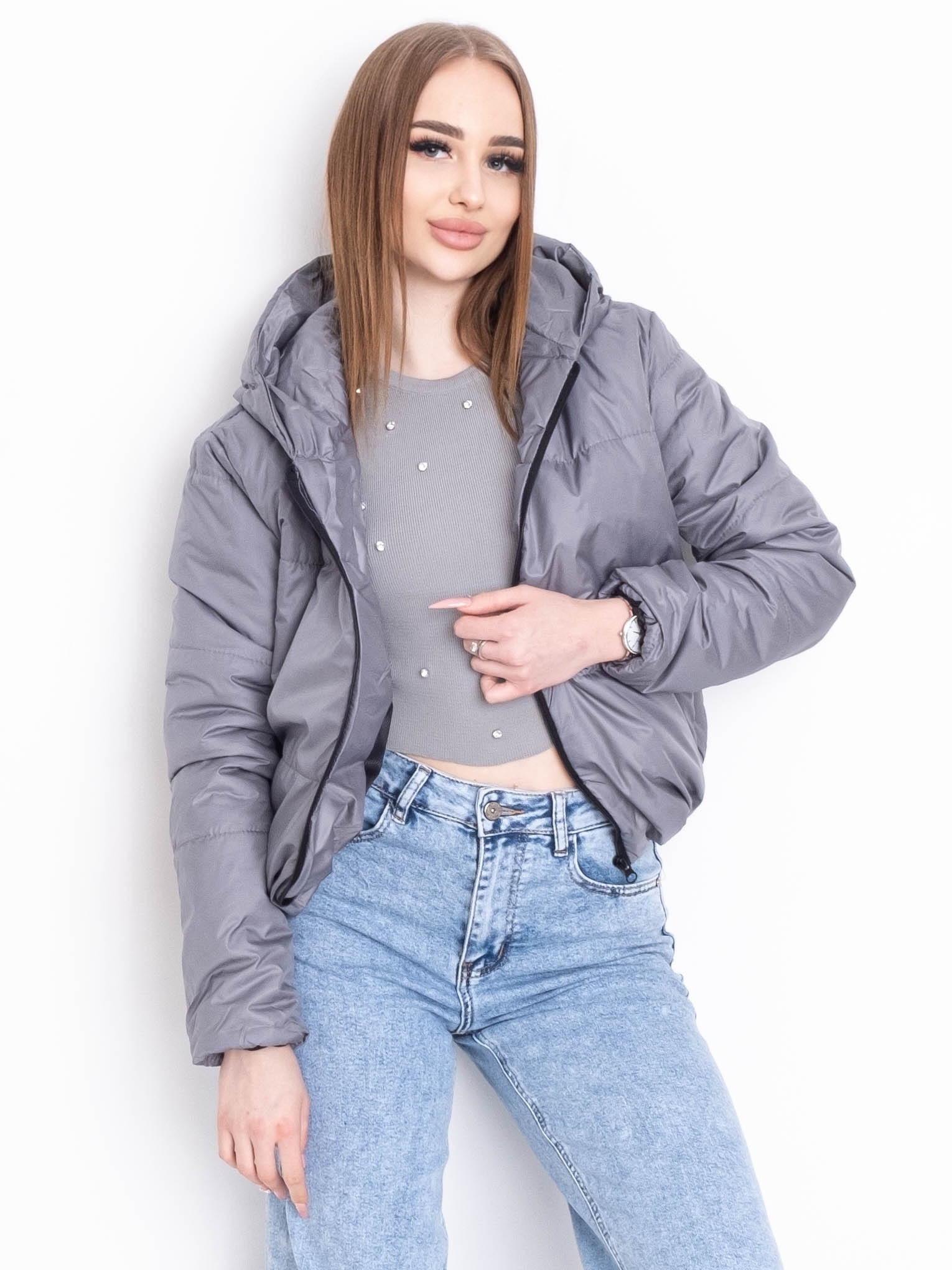 5010-444 серая женская куртка-зефирка (синтепон, капюшон, 2 ед. размеры норма: 42-44. 46-48)