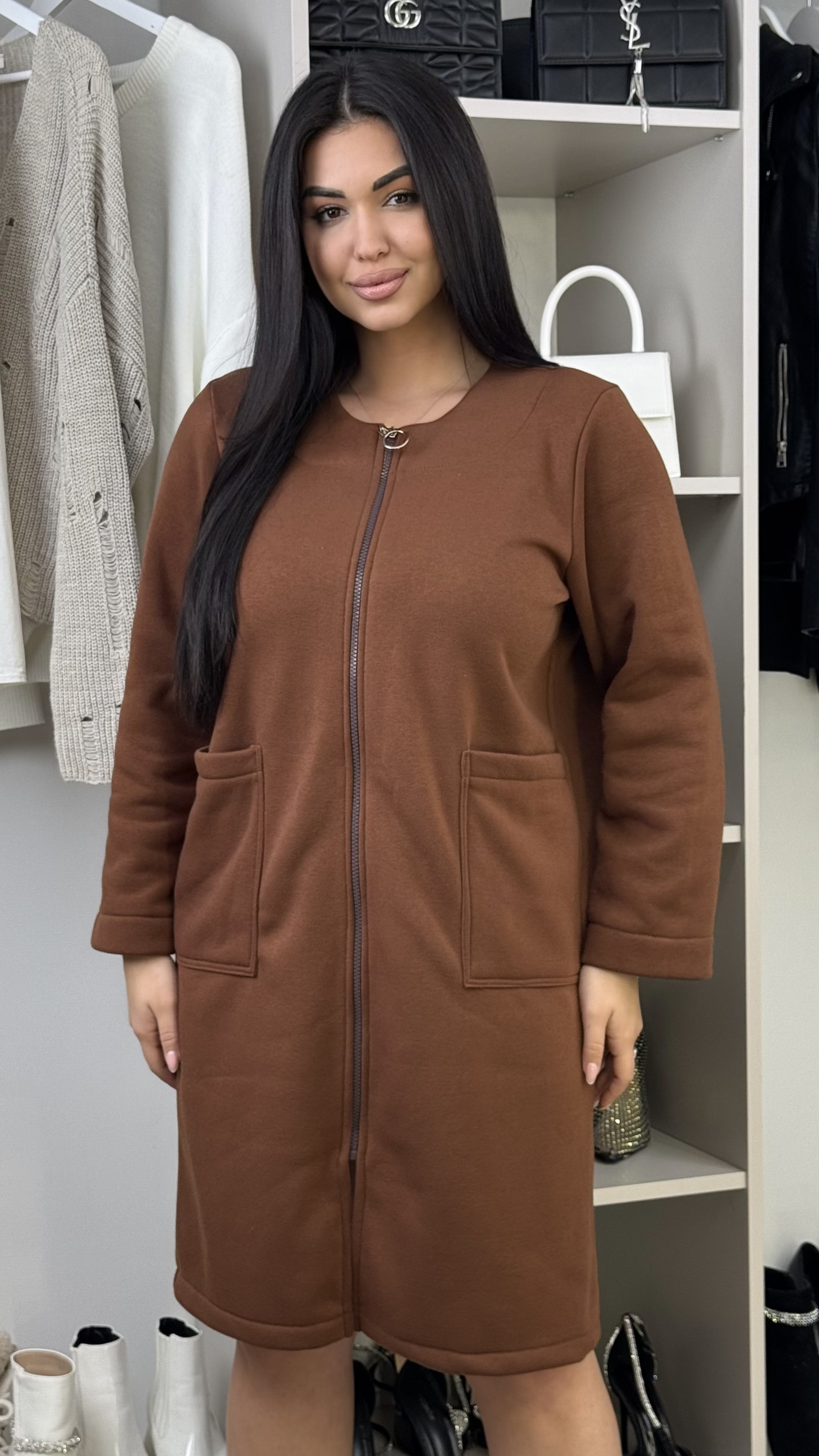 10700-9 коричневый женский халат (SARA, не кошлатятся, флис, 3 ед. размеры батал: 46-48. 50-52. 54-56)