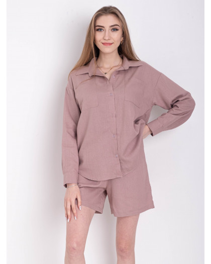 0355-232 темноя-пудра женский костюм-двойка (рубашка+шорты) (лен, 2 ед. размеры : 42.46)